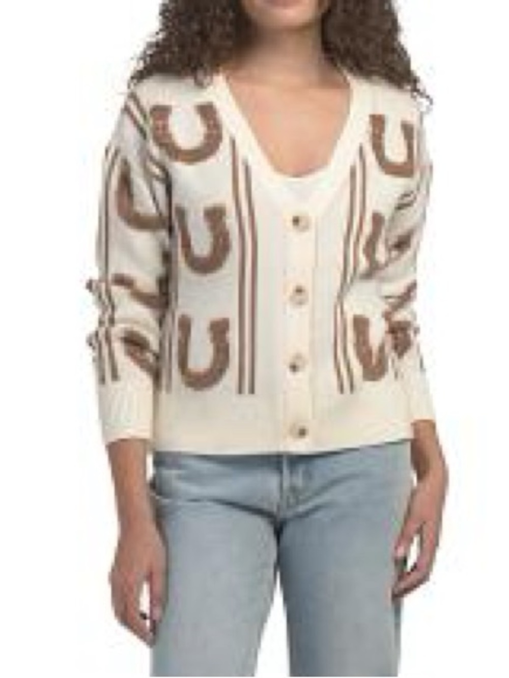 KAILY K Horseshoe Cream Button-Front V-Neck Cardigan Sweater